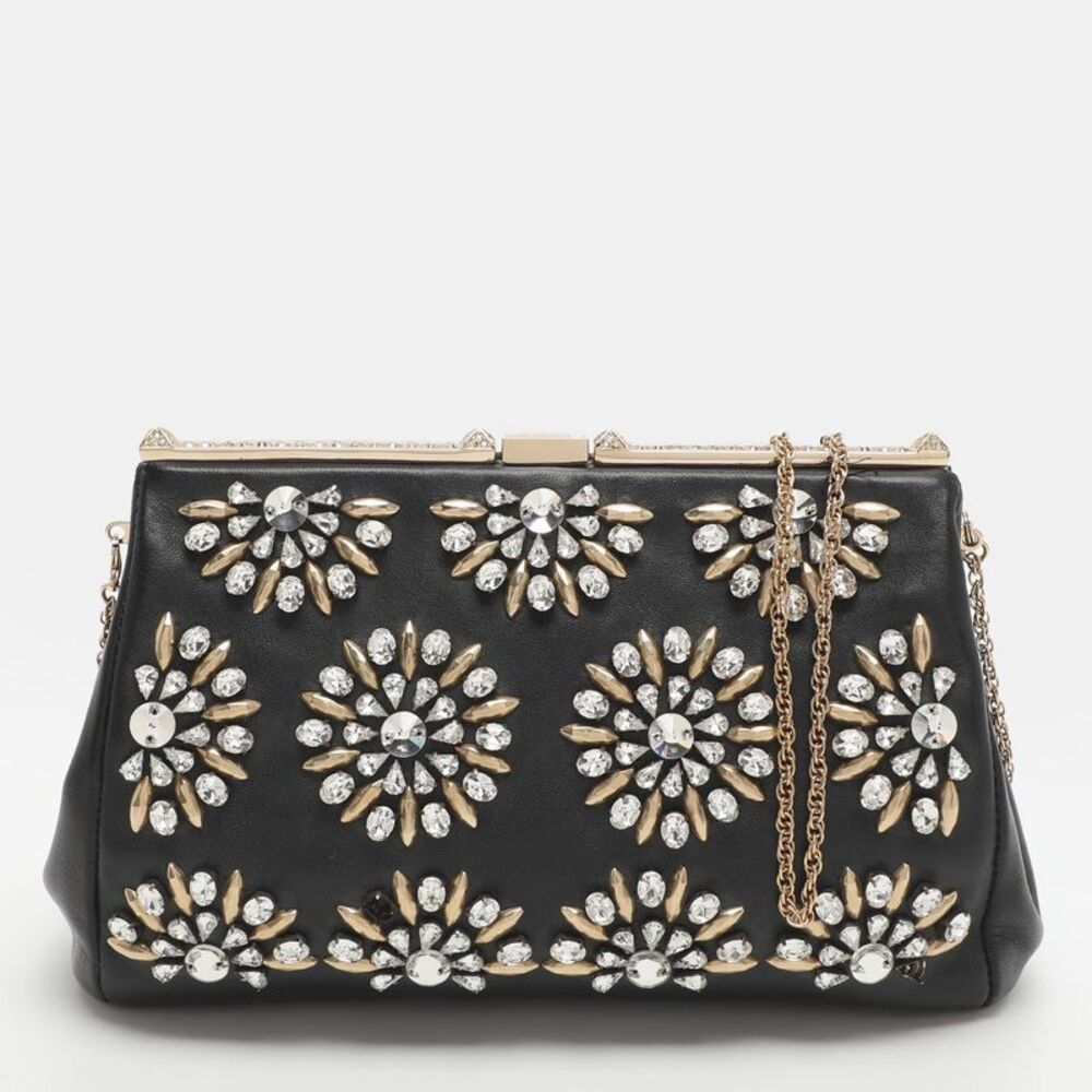 Valentino Black Leather Crystal Embellished Frame Chain Clutch